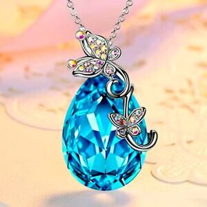 Elegant Butterfly blue Rhinestone Pendant Necklace 18 inches